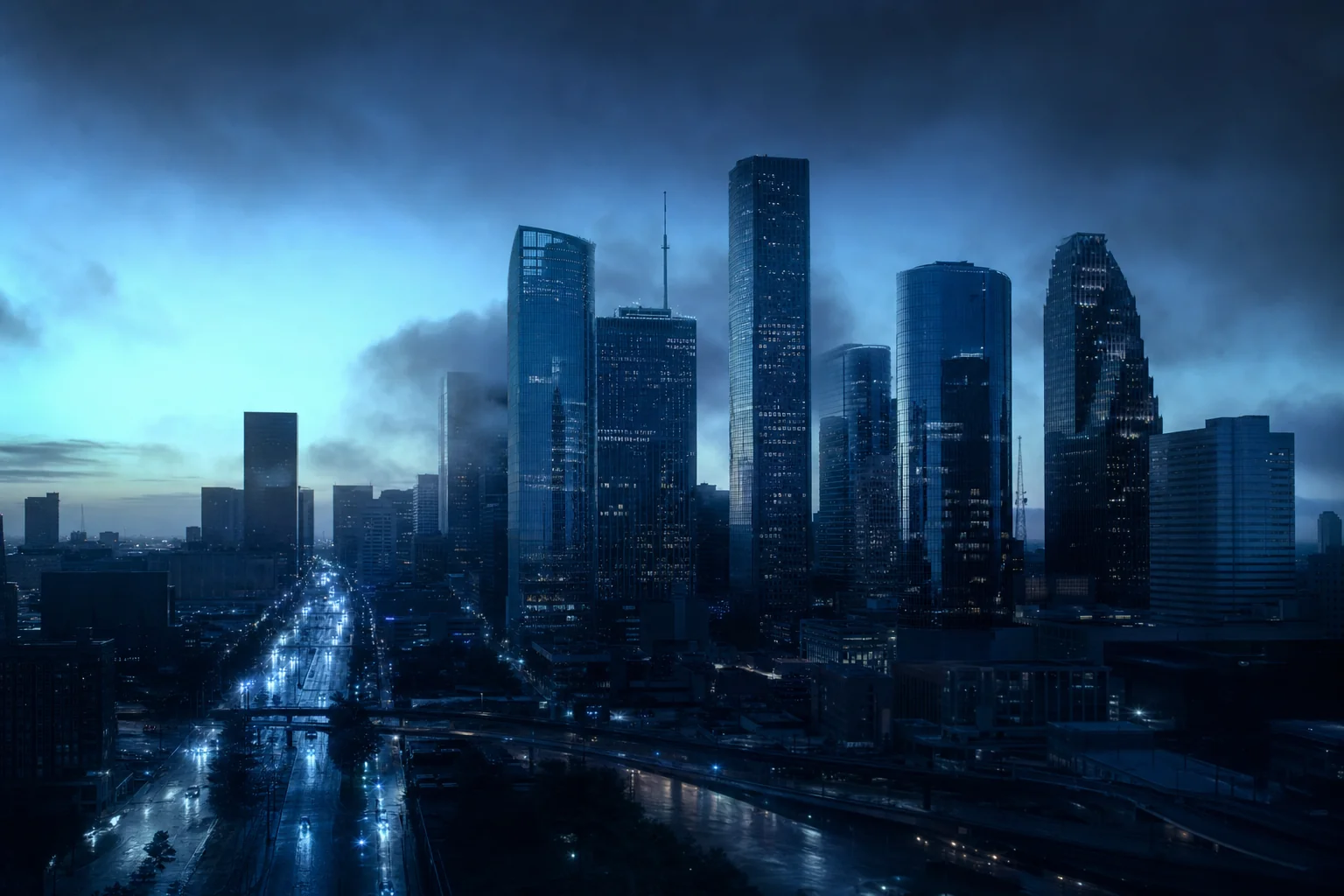 Houston downtown skyline at golden hour — Juggatech home base