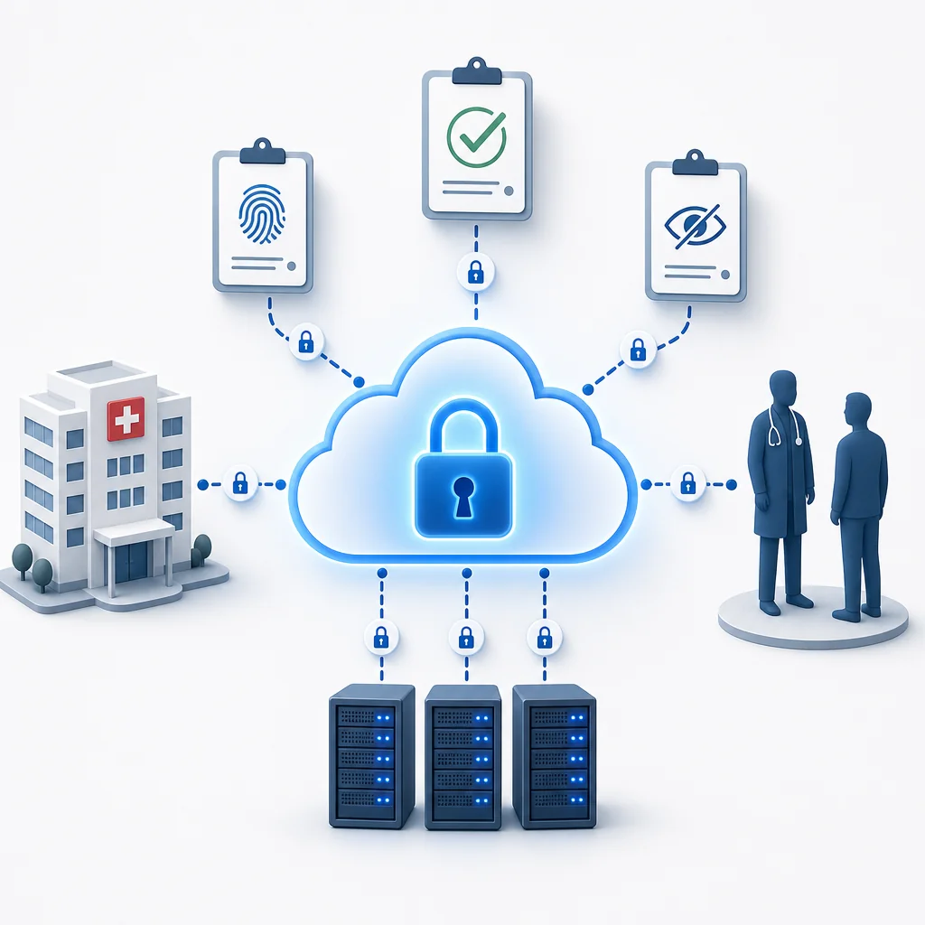 HIPAA Compliant Cloud architecture: encrypted data flow between medical clinic, cloud servers, doctor and patient with SOC2 and HIPAA compliance badges