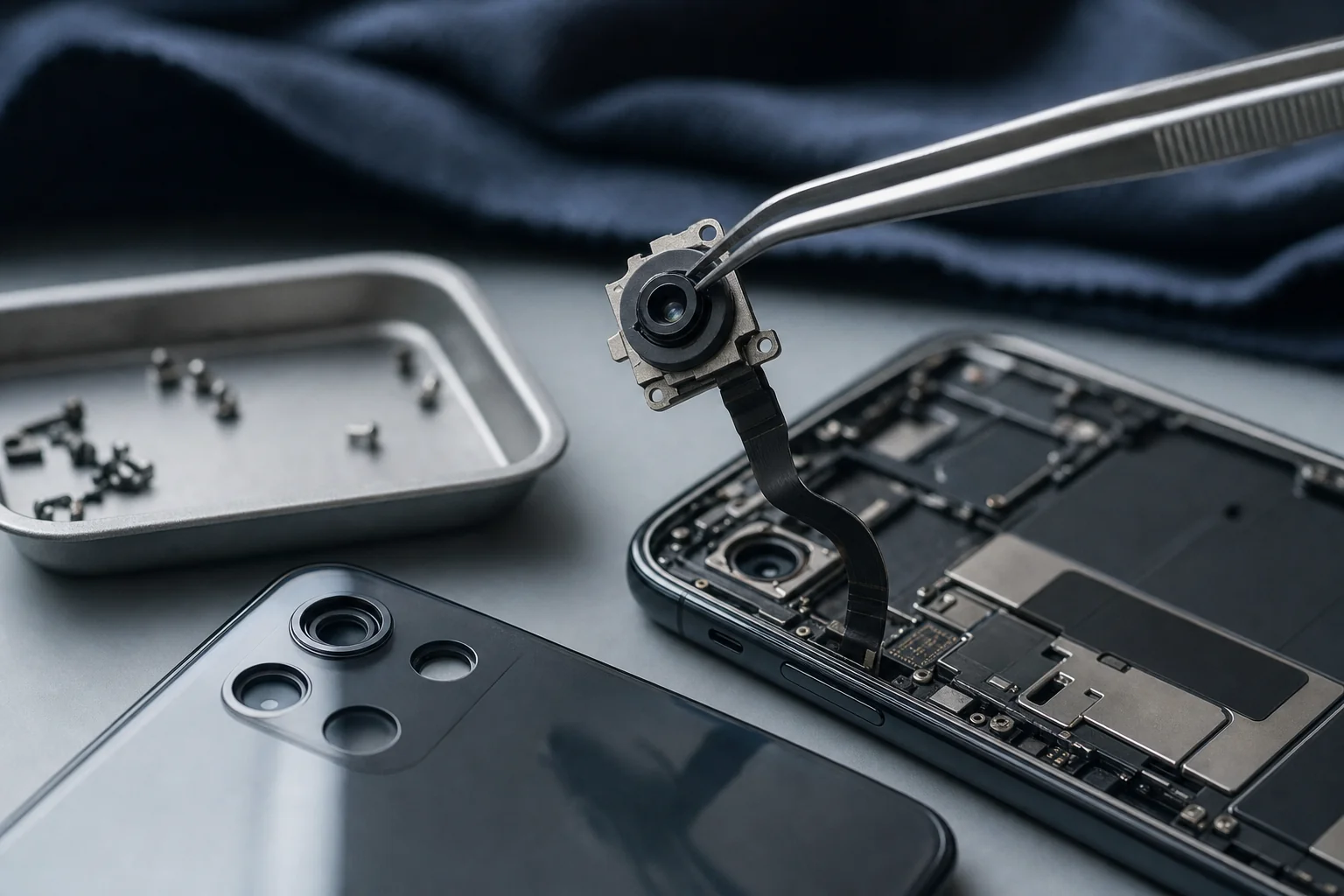 Macro view of a smartphone rear camera module repair under tweezers