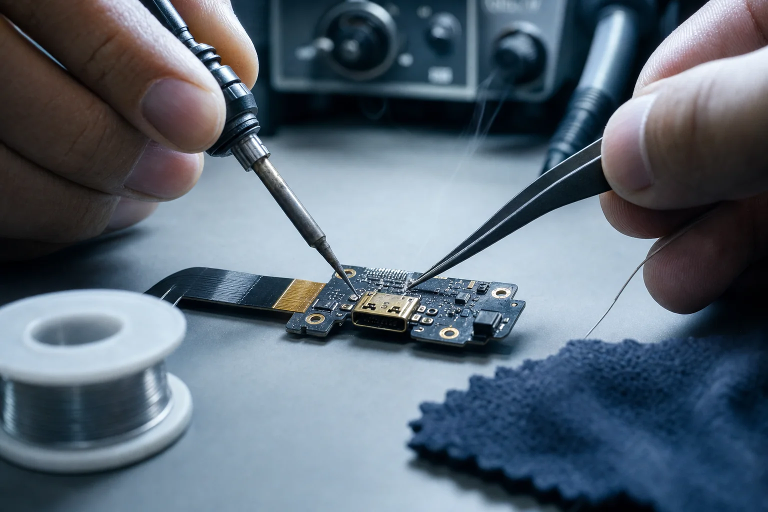 Micro-soldering repair on a smartphone charging port under a magnifying lamp