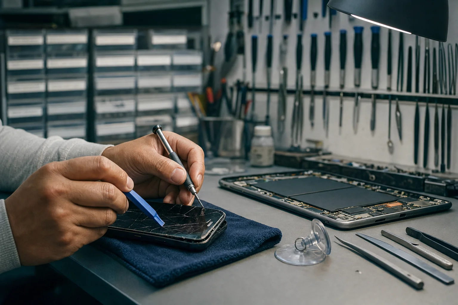 Technician repairing a cracked smartphone screen at a precision workbench