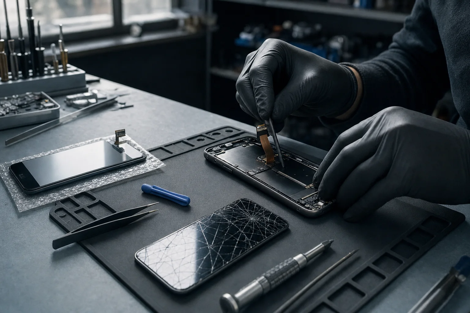 Technician replacing a cracked smartphone screen with precision tools