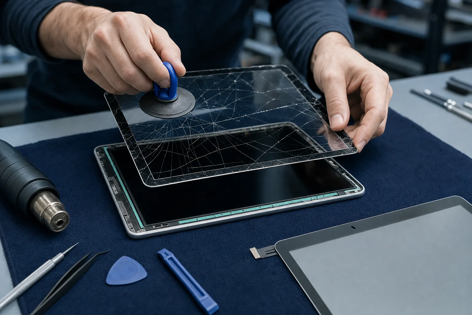 Technician replacing a cracked tablet screen at a repair workbench